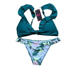 Shekini Green and White Bikini with Tropical Floral Beach Size L Swim Resort